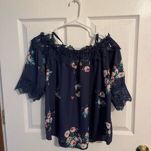Floral Lace Trim Navy Top
